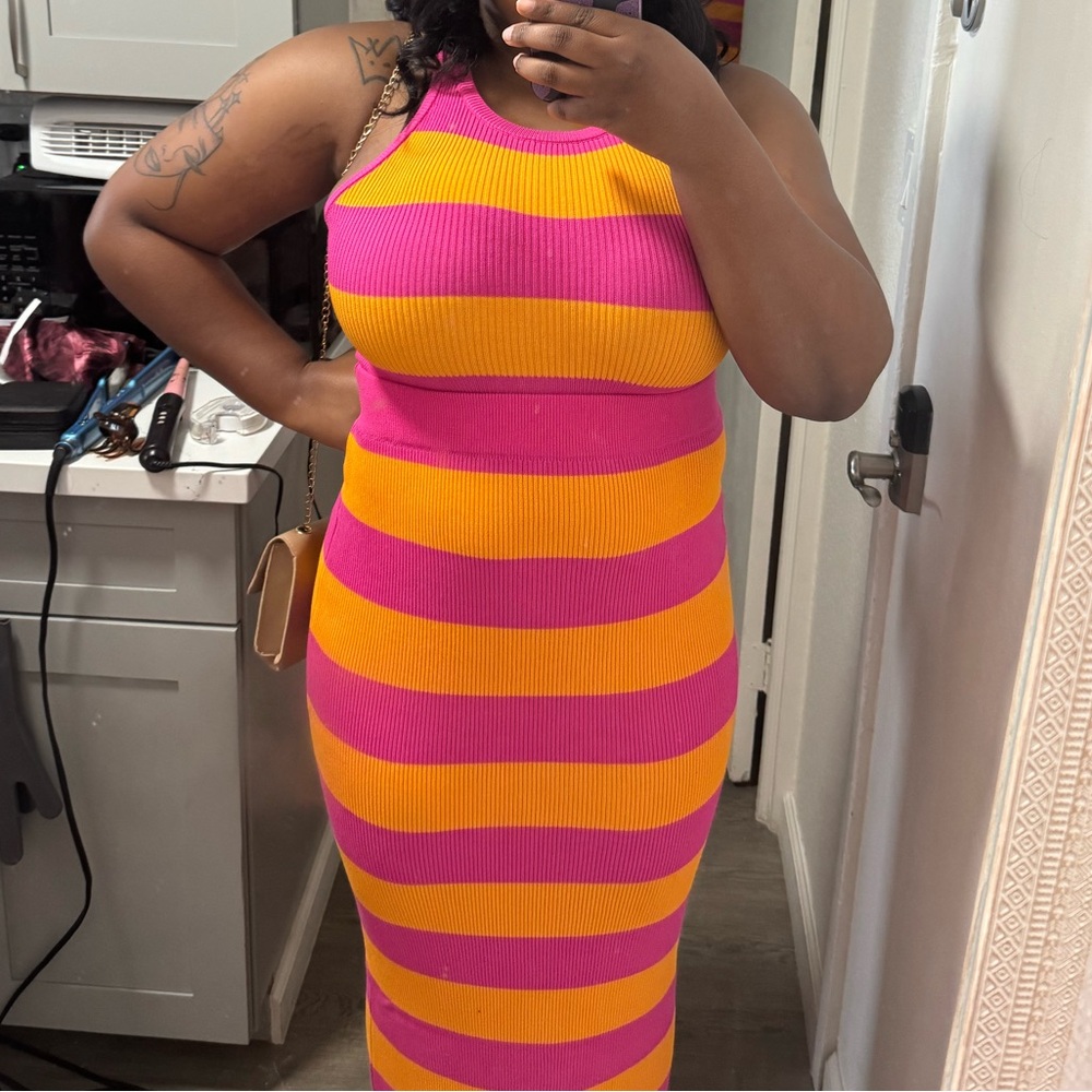 Vibrant Pink and Orange Striped Knit Crop Top And Skirt
